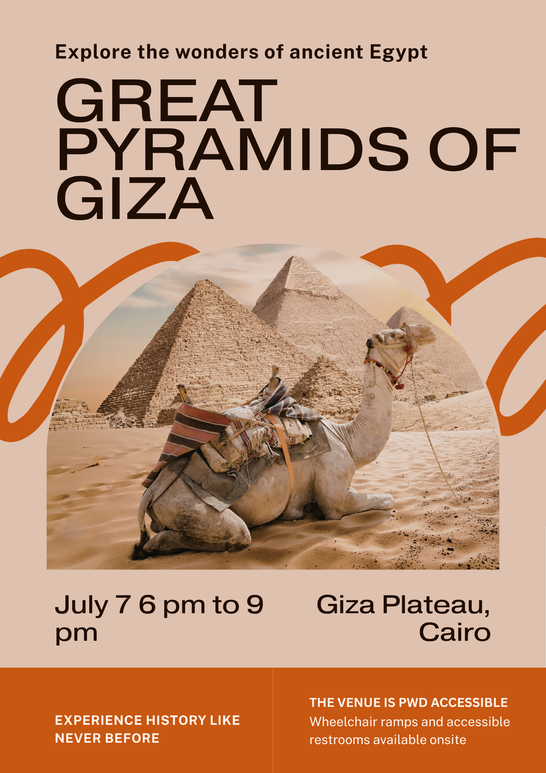 Great Pyramids of Giza Egypt at desert sunset with camel silhouettes against orange sky