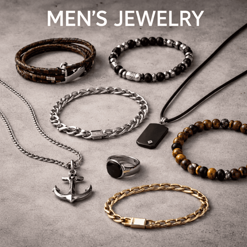 Vacation jewelry for men collection featuring stylish bracelets, necklaces, and rings for all travel occasions