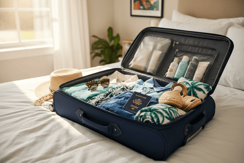 travel essentials organized in a navy suitcase, stylish clothing and accessories
