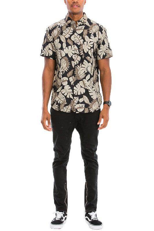 Men's Black and Tan Hawaiian Print Button Down Shirt - VacationGrabs