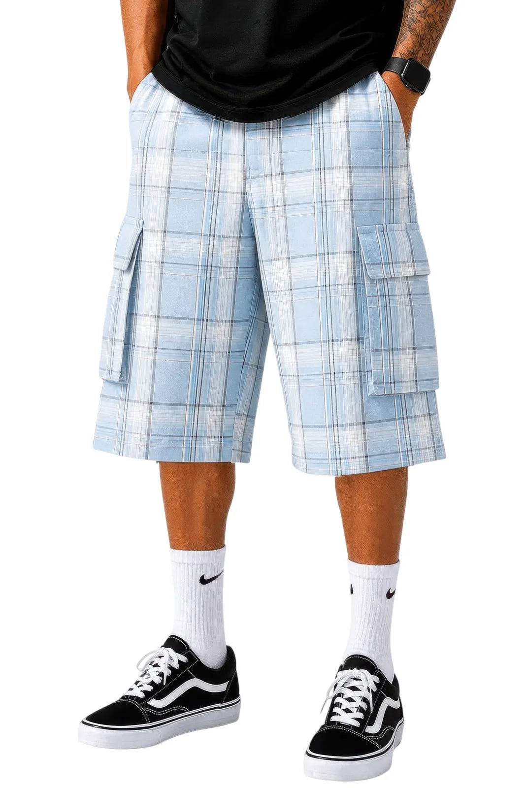 Mens Checkered Baggy Cargo Shorts - Light Blue - white background