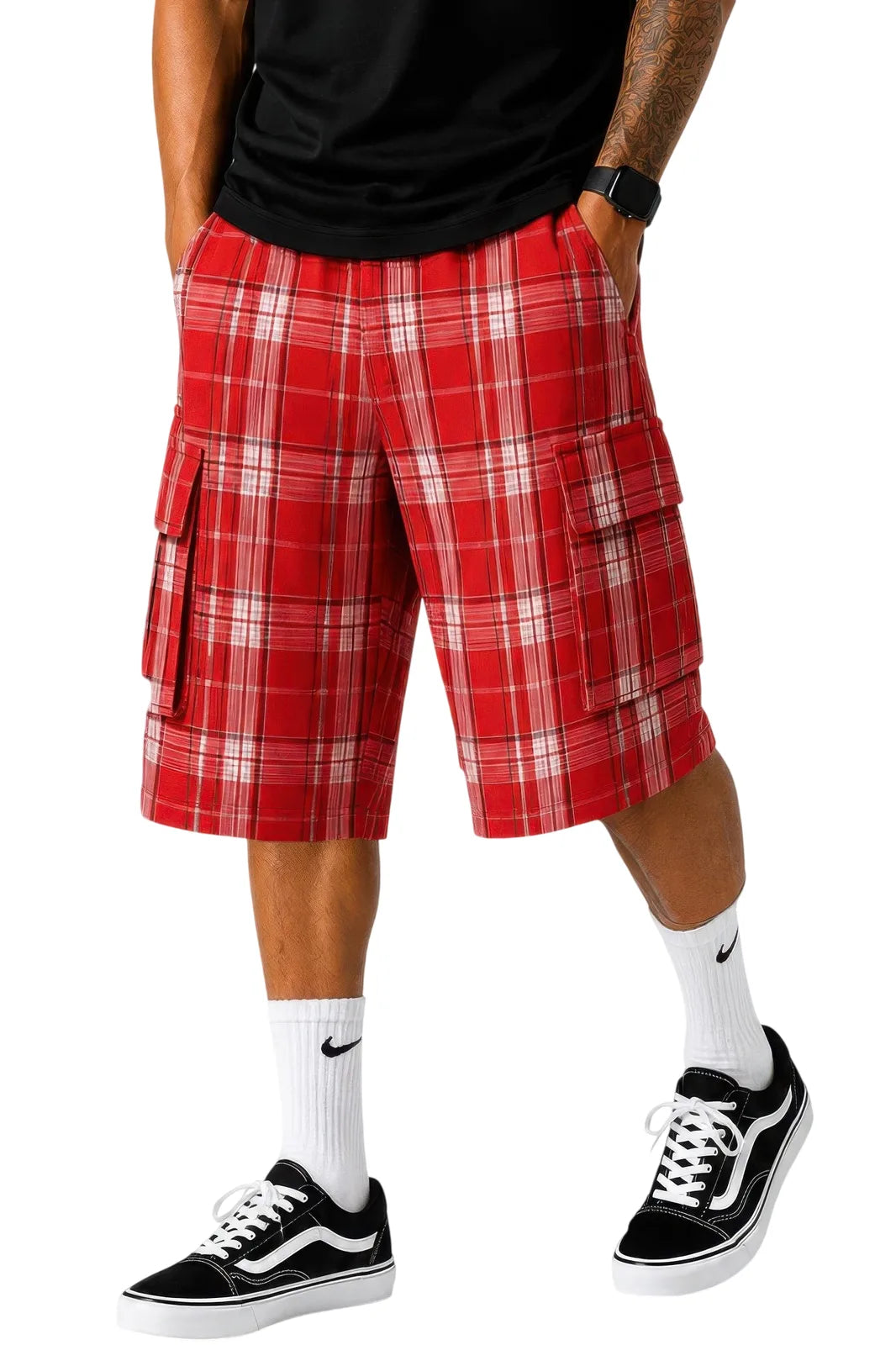 Mens Checkered Baggy Cargo Shorts - Red - white background