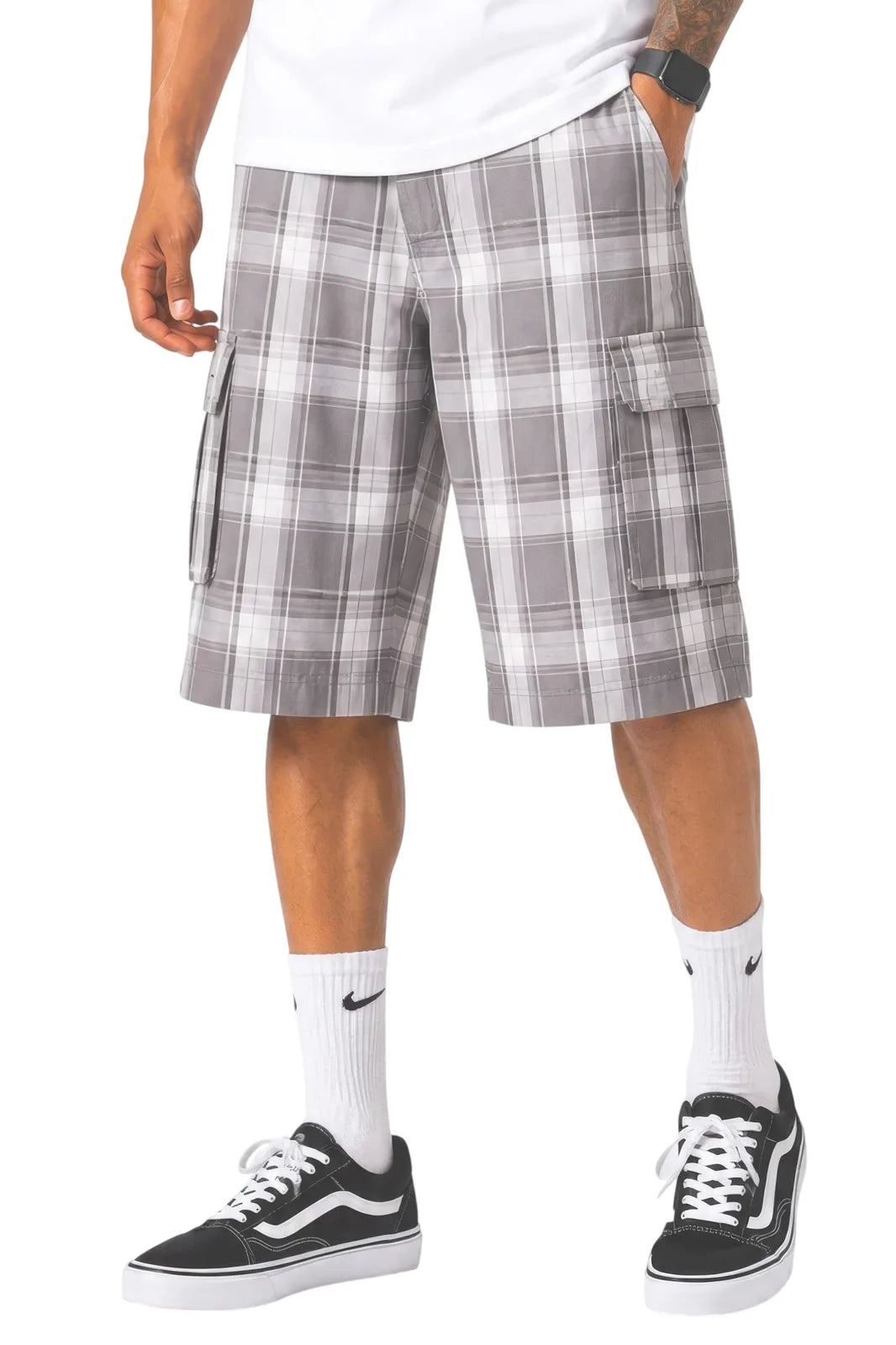 Mens Checkered Baggy Cargo Shorts - Light Grey - white background