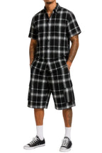 Mens Checkered Shirt And Cargo Shorts Set - white background