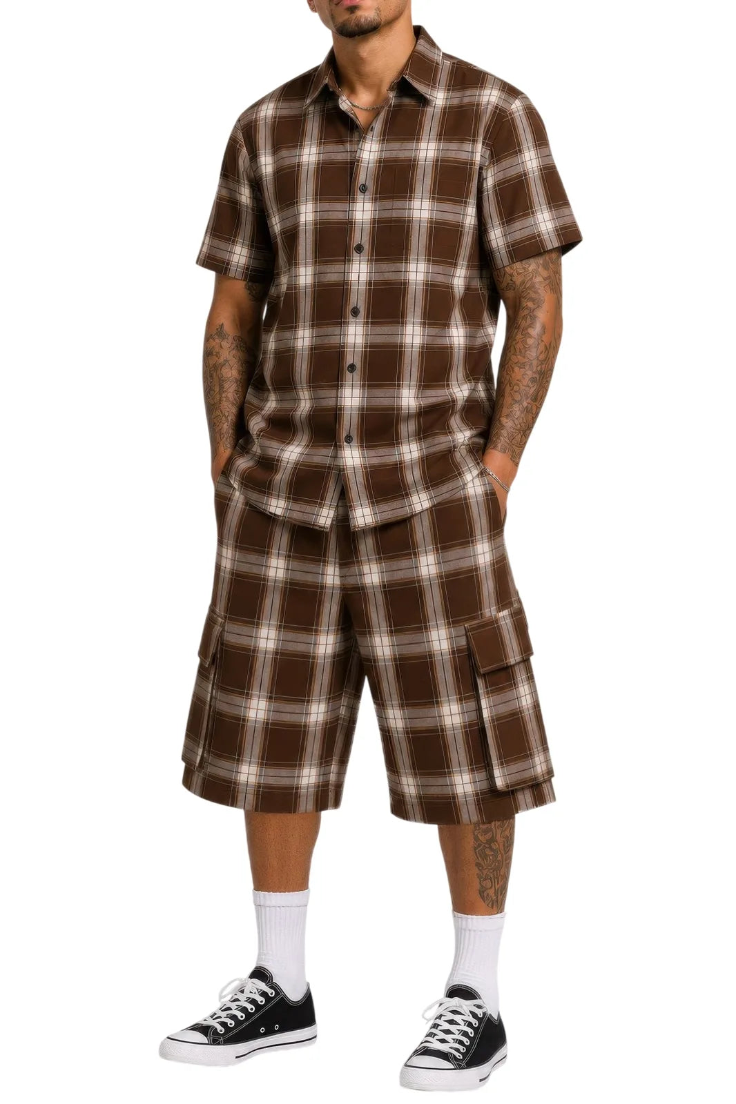 Mens Checkered Shirt And Cargo Shorts Set - Brown - white background