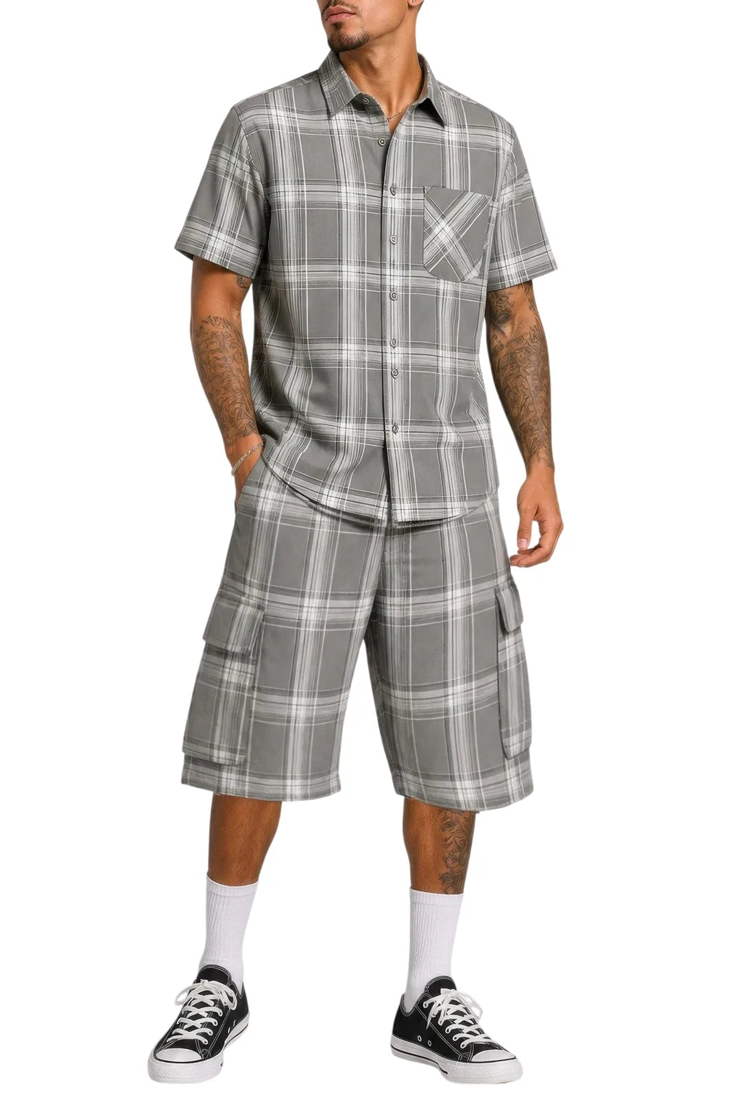 Mens Checkered Shirt And Cargo Shorts Set - Light Grey - white background