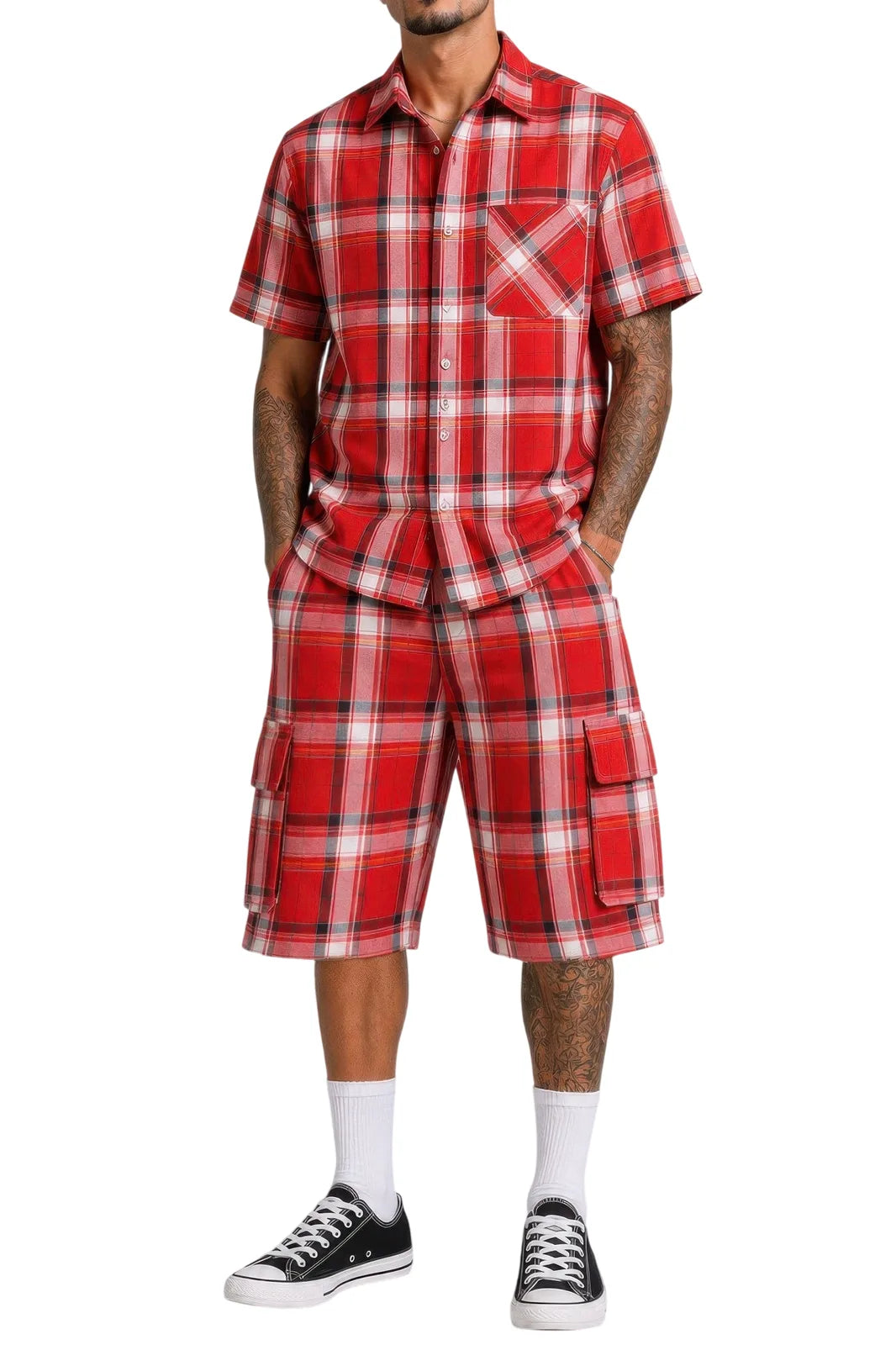 Mens Checkered Shirt And Cargo Shorts Set - Red - white background