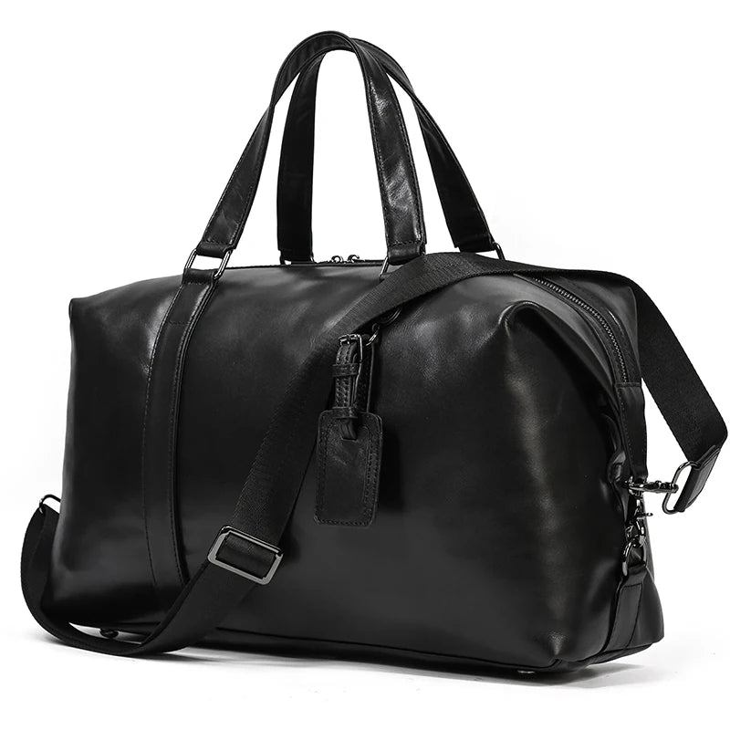 Black leather travel bag with adjustable shoulder strap for versatile use