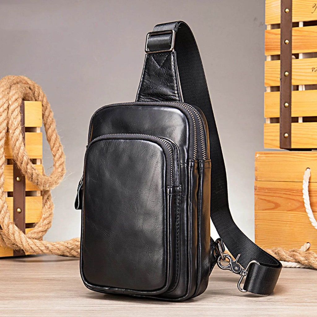 100% Genuine Leather Sling Bag Messenger Bag for Men Black - VacationGrabs