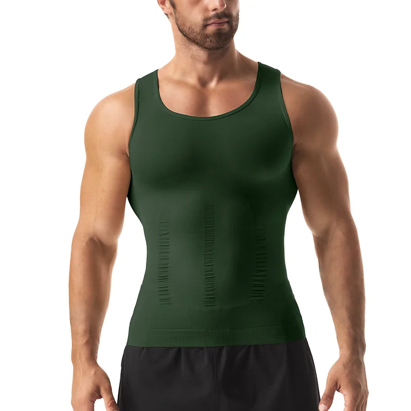 Man wearing a green tank top on a white background