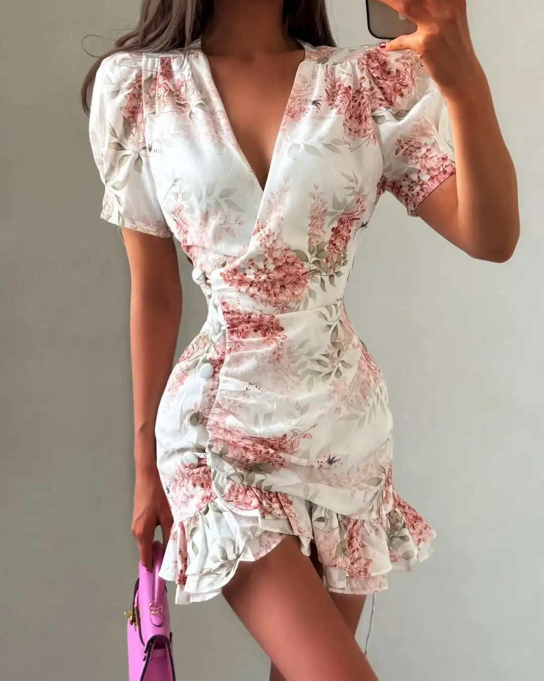 Floral dress dress in white with pink floral print, perfect for summer outings
