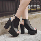 Platform Block High Heels Black Peep Toe Slingbacks - VacationGrabs