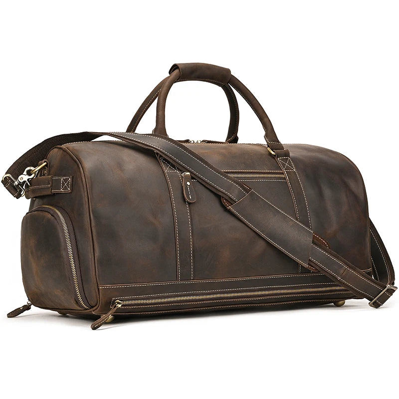 Brown leather bag duffel for weekend travel and gym use