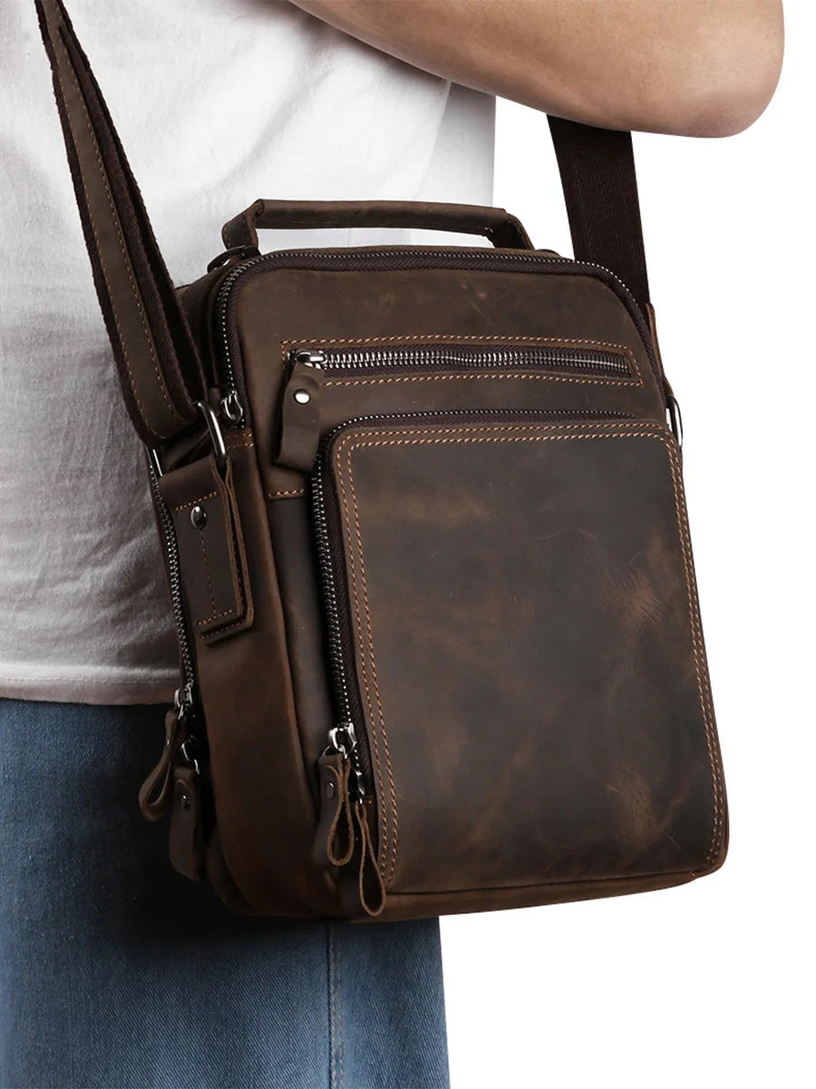 Brown leather messenger bag with adjustable strap for daily use
