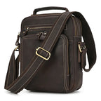 Brown leather messenger bag with adjustable strap for casual use