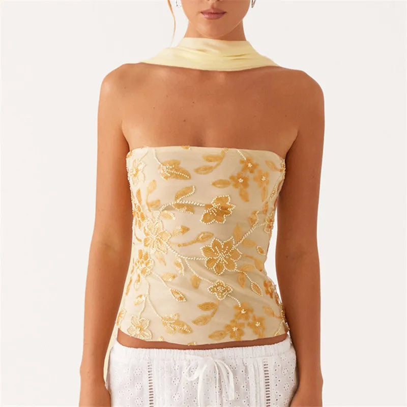 Women's beaded camisole in beige with floral embroidery for summer wear