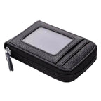 Black brown leather wallet with a zip closure and clear ID window for easy access