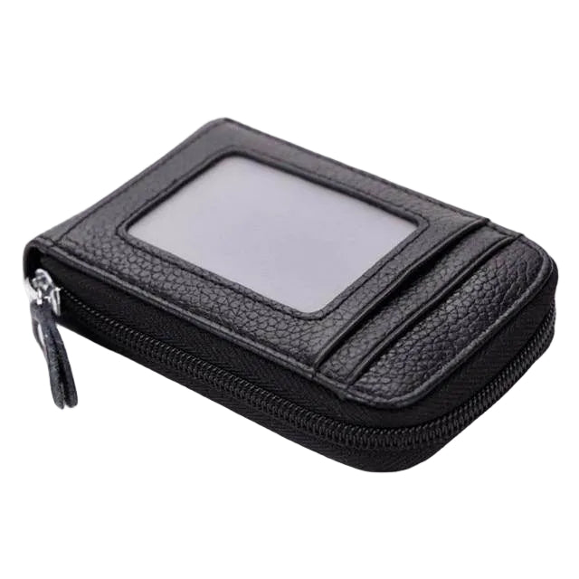 Black brown leather wallet with a zip closure and clear ID window for easy access