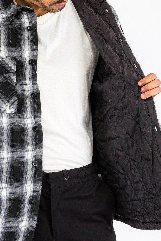 WEIV blue black plaid shirt men featuring a button-up design and a quilted inner lining