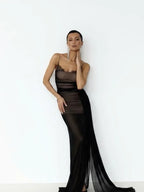Women's black sheer evening gown and bodycon dress for special occasions
