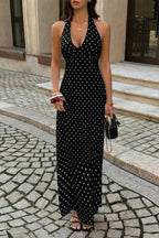 Women's black polka dot halter neck and bodycon dress for summer outings