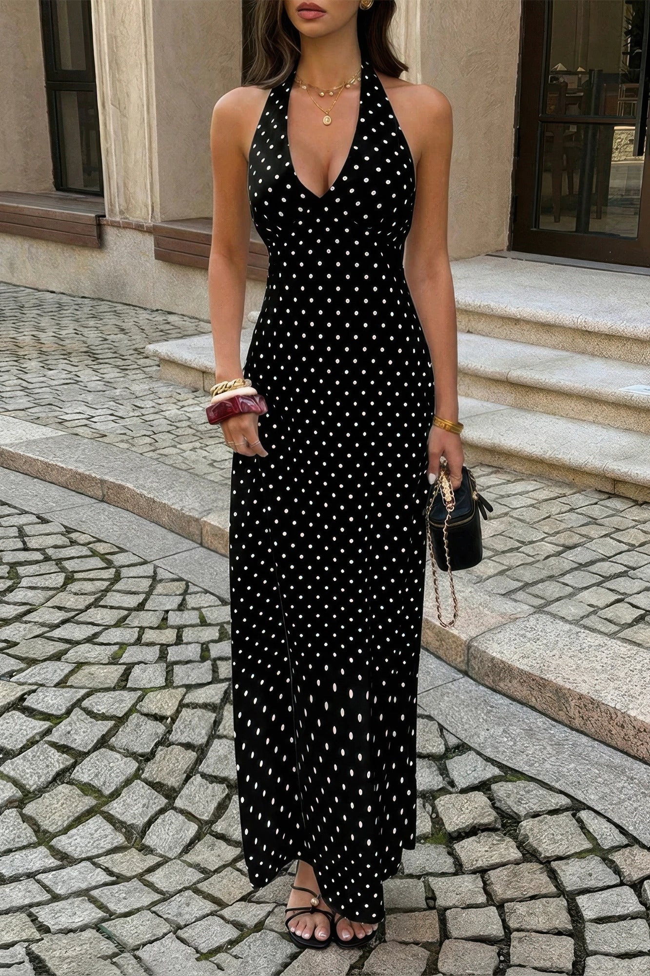 Women's black polka dot halter neck and bodycon dress for summer outings