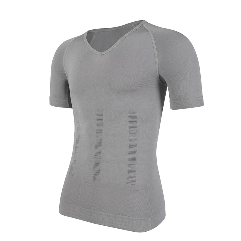 Men's grey compression shirt, breathable fabric for athletic performance