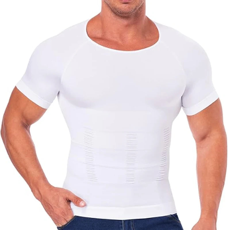 Men's white compression shirt, stretchy material for active wear