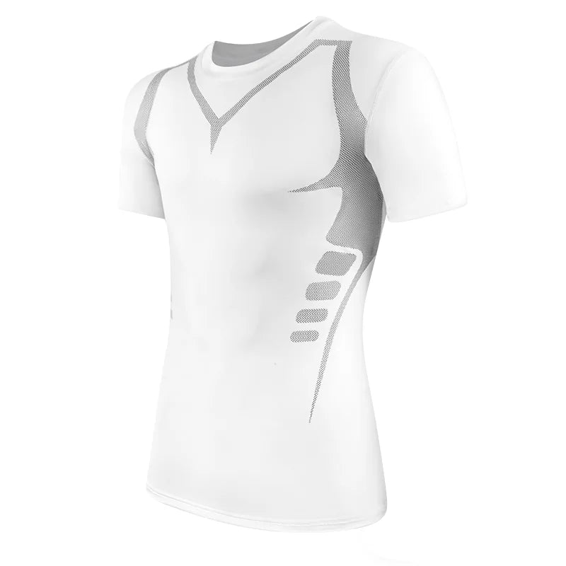 Men's white compression shirt for athletic support during workouts