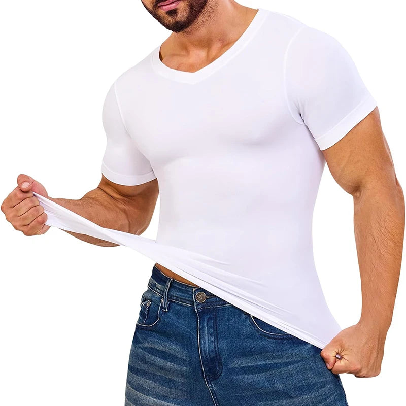 Men's white compression shirt for added support and muscle recovery