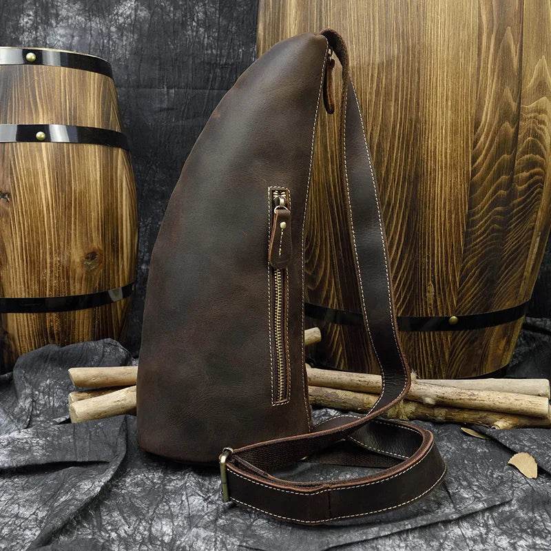 brown crazy horse leather chest bag for casual outings