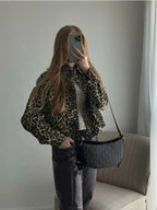 Cropped dad sherpa trucker jacket in leopard print for casual wear