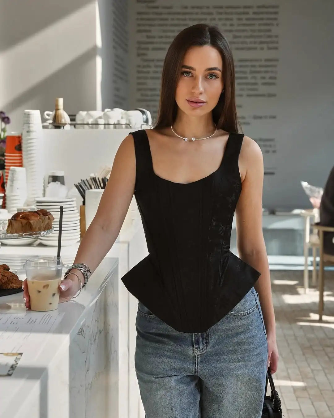 Black cropped top, made from soft fabric, stylish for casual outings