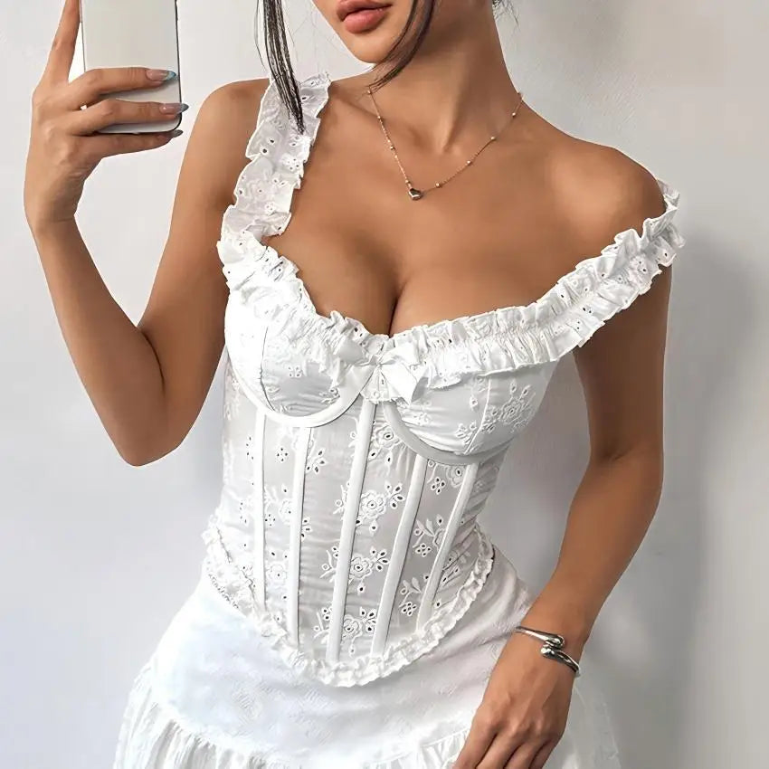 White cropped top with ruffles, perfect for summer outings