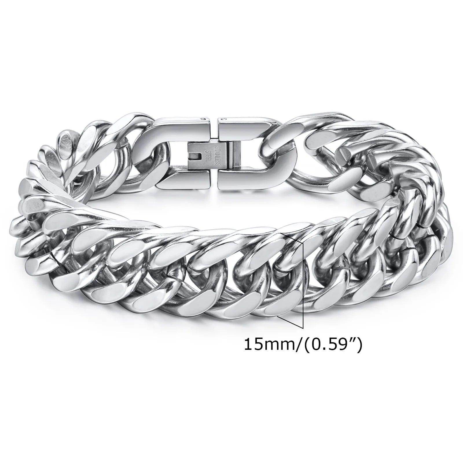Silver Cuban link bracelets for men with a polished finish and secure clasp, 15mm width