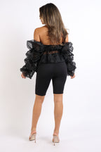 Organza Sleeve Detailed Top & Matching Shorts 2 Piece Set Black