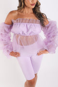 Organza Sleeve Detailed Top & Matching Shorts 2 Piece Set lavndr