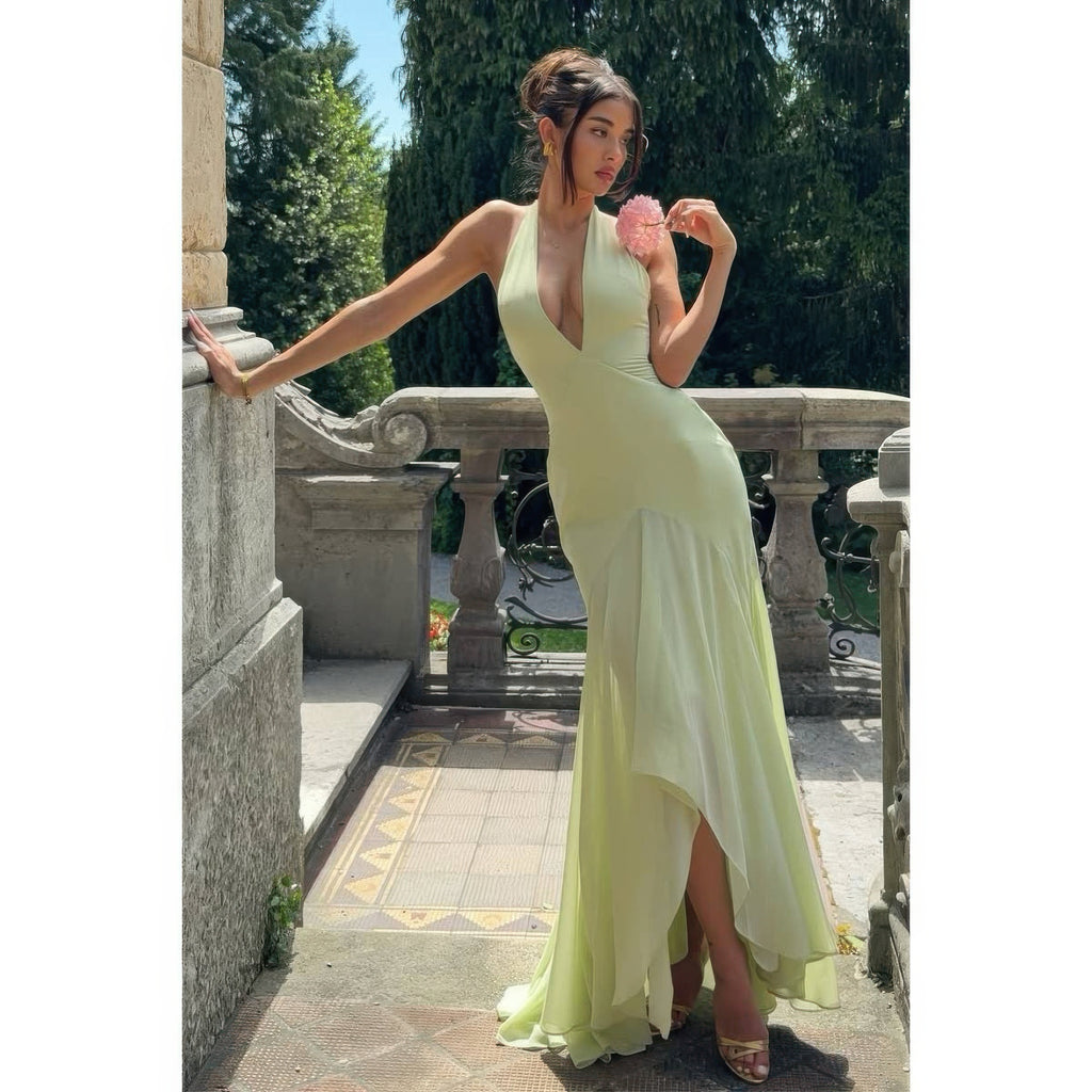 Women’s light green halter neck maxi dress for elegant occasions