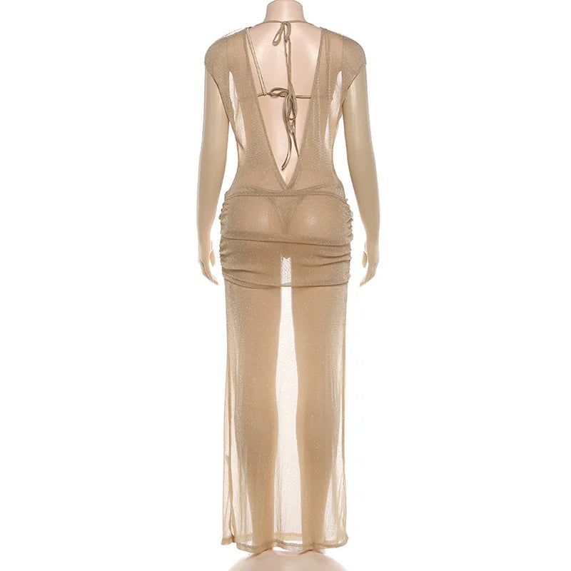 Women's sheer beige cover-up dress for the summer, ideal for beach outings