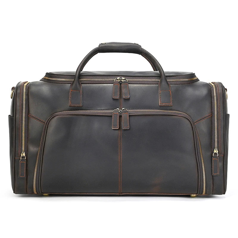 Brown leather duffle bag, spacious for weekend travel
