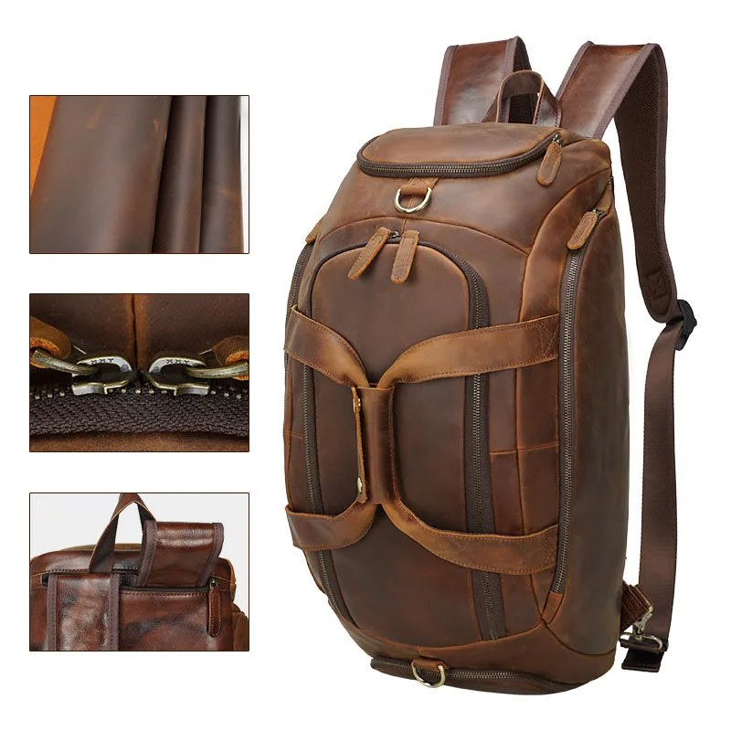 Brown leather duffle bag for travel with adjustable straps