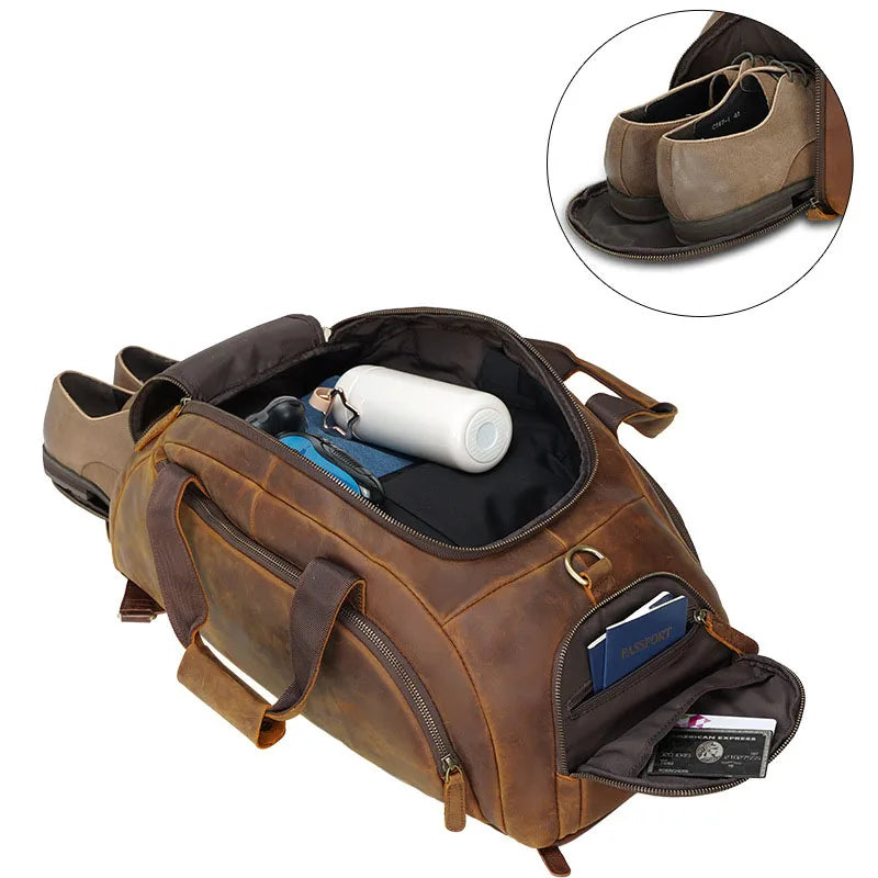 Brown leather duffle bag with multiple compartments for travel ease