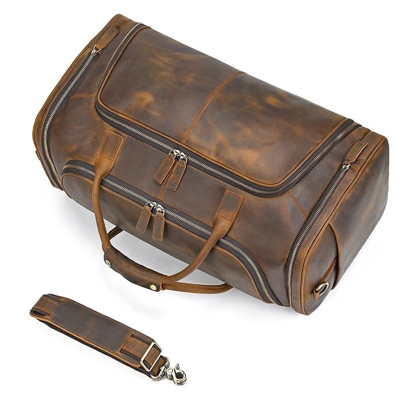 Brown leather duffle bag with comfortable handles, perfect for travel