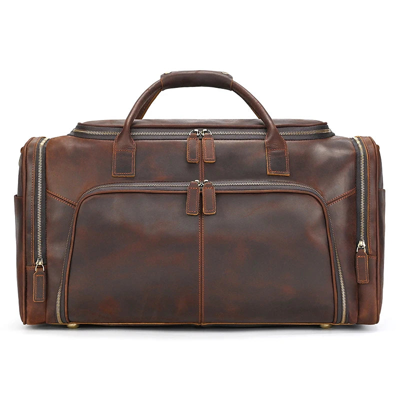 Brown leather duffle bag, spacious for travel and weekends