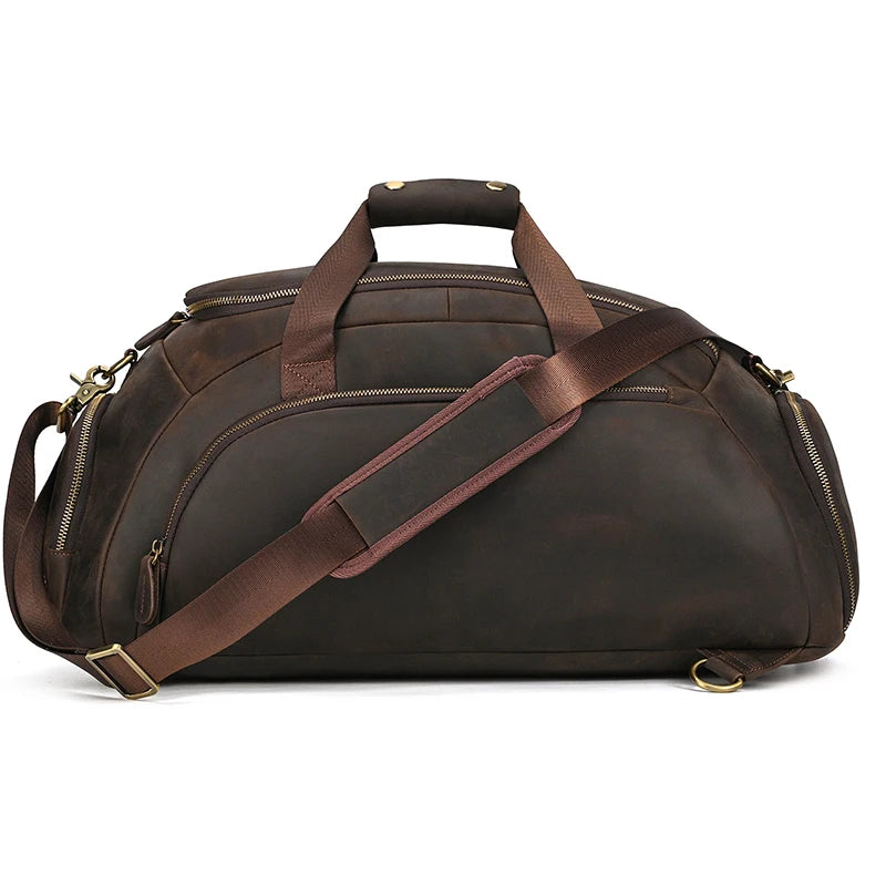 Brown leather duffle bag, stylish travel accessory for weekend getaways