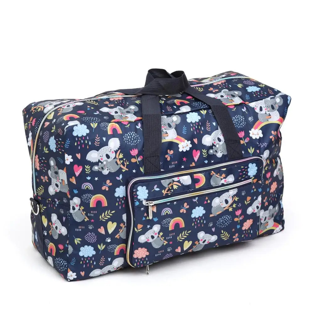 Navy duffle bag with koala print, ideal for travel and storage