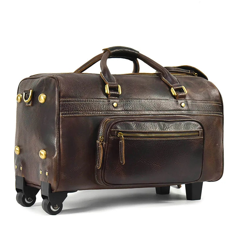 Brown leather duffle bag rolling, perfect for travel and weekend getaways