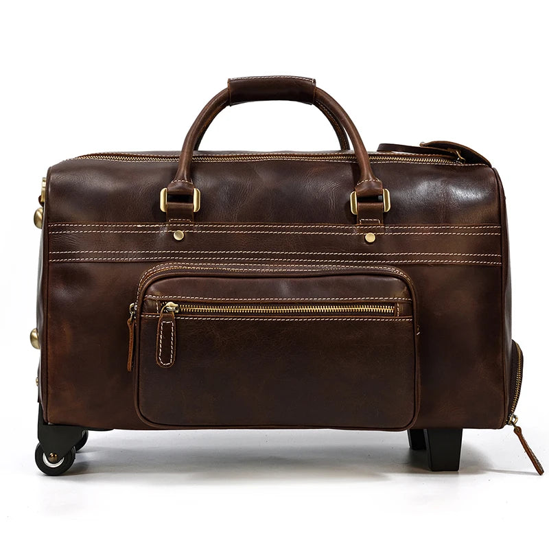 Brown leather duffle bag rolling for travel and weekend getaways