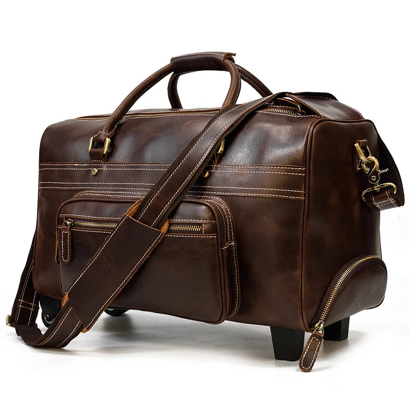 Brown leather duffle bag rolling for travel and weekend getaways