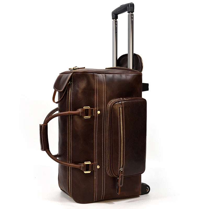 Brown leather duffle bag rolling with sturdy wheels for travel